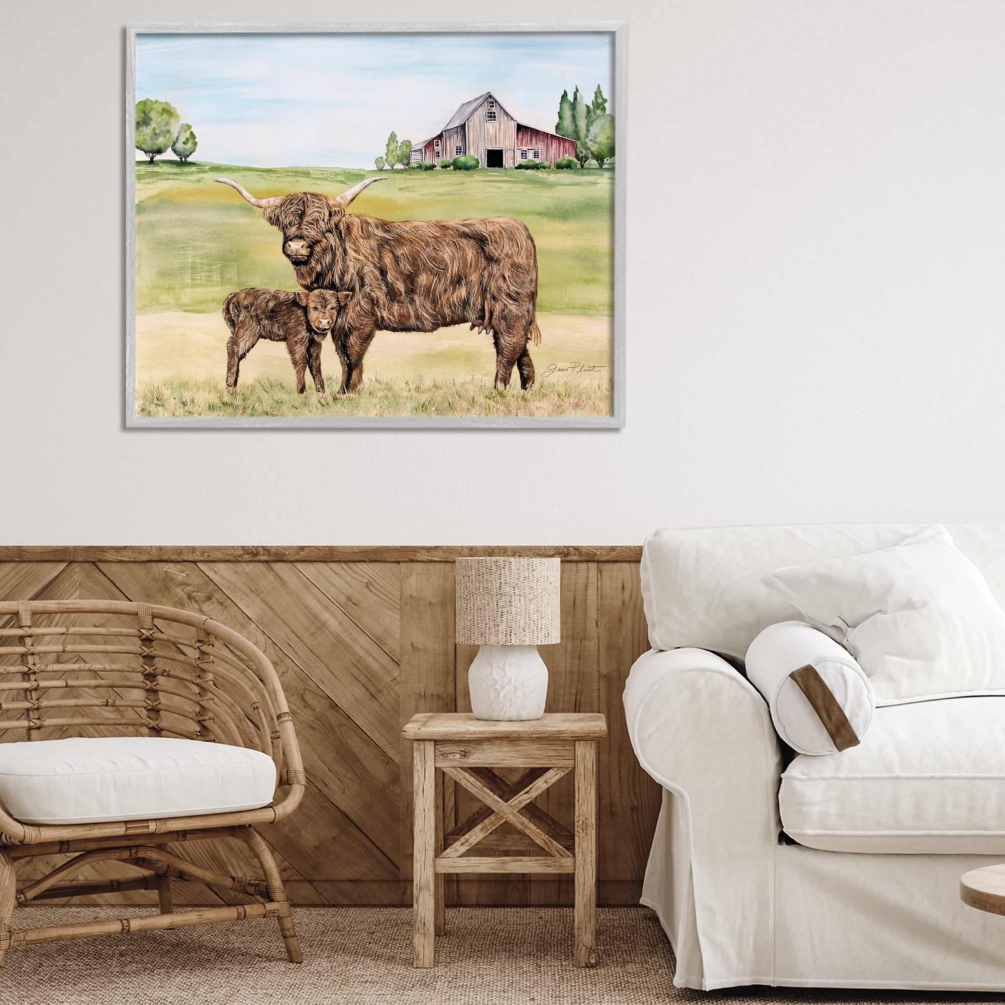 Highland Cow And Calf Gray Framed Giclee Art, design by Jean Plout