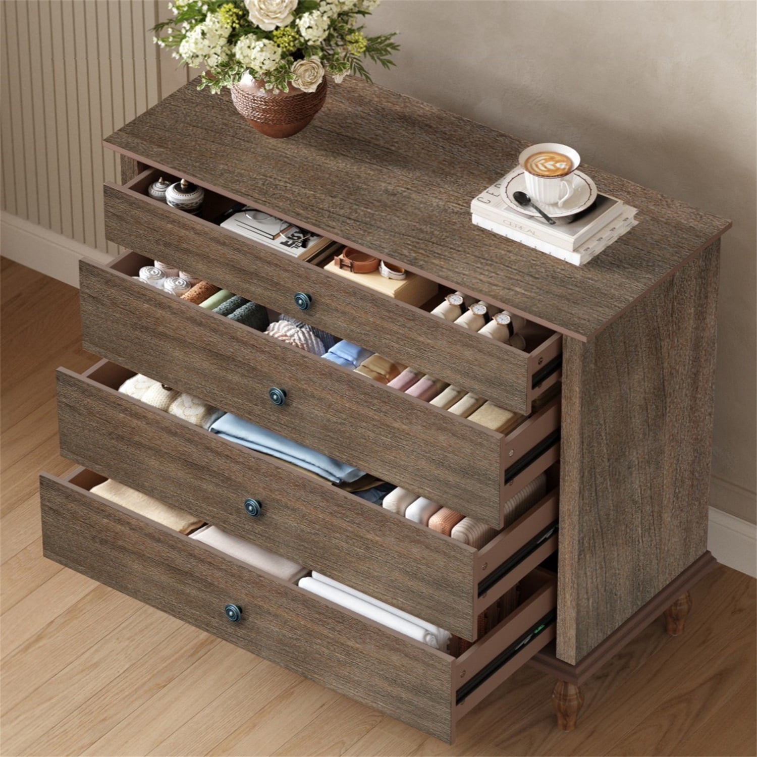 Hommoo 4-Drawer Antique Wooden Dresser with Brushed Rustic Brown Finish, Solid Wood Feet & Metal Knobs, Bedroom or Nursery Chest with Anti-Tip Kit, Rustic Brown