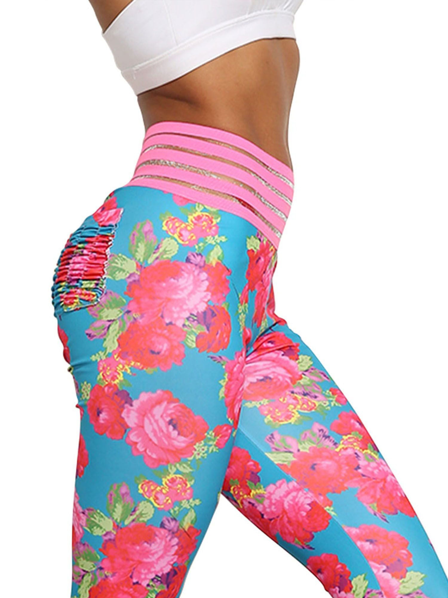 Floral Yoga Pants Booty Push up Pink Printed Leggings Flowers Watercolor  Sportswear Women Activewear Pattern Tights Shaping Sculpting Gym 