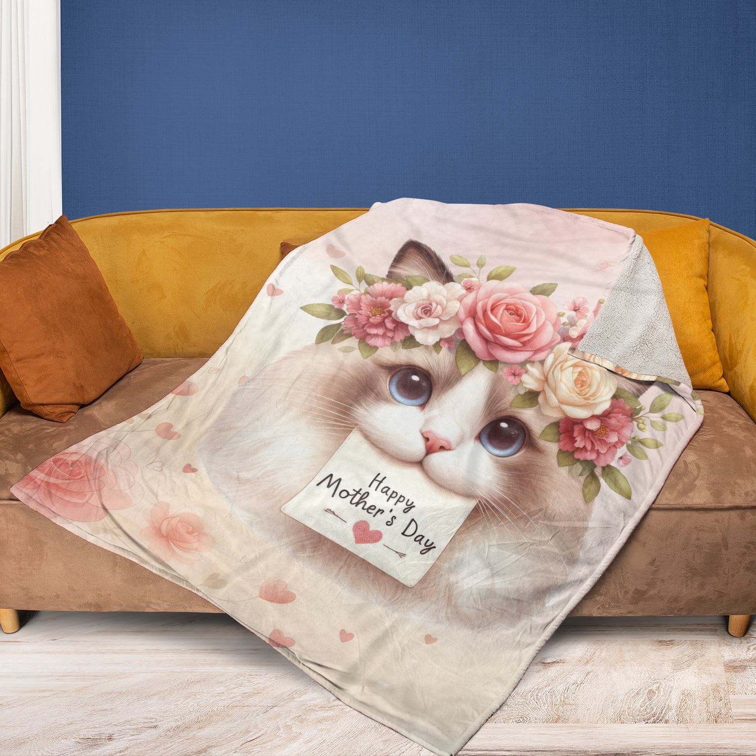 Happy Mother's Day Ragdoll with Flower Crown and Greeting Card Cozy Fleece Blanket Cat Lover Kitten Owner Gifts Idea Warm Soft Throw Blanket - 13004