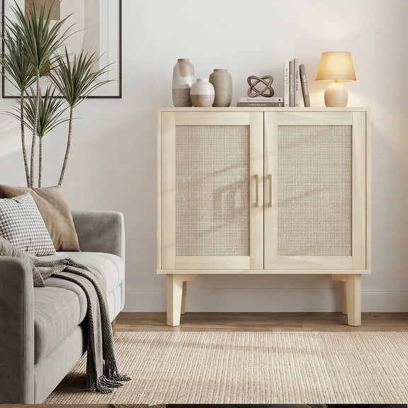 Buffet Cabinet, Rattan Decor Doors Solid Wood Feet Multifunctional Sideboard Storage Cabinet, with Internal Shelves Spacious Tabletop, for Dining Room Kitchen