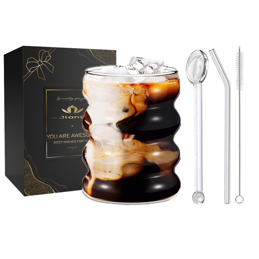 Ribbed Drinking Glasses with Straw 10oz Glassware Set,Cocktail Glasses ...