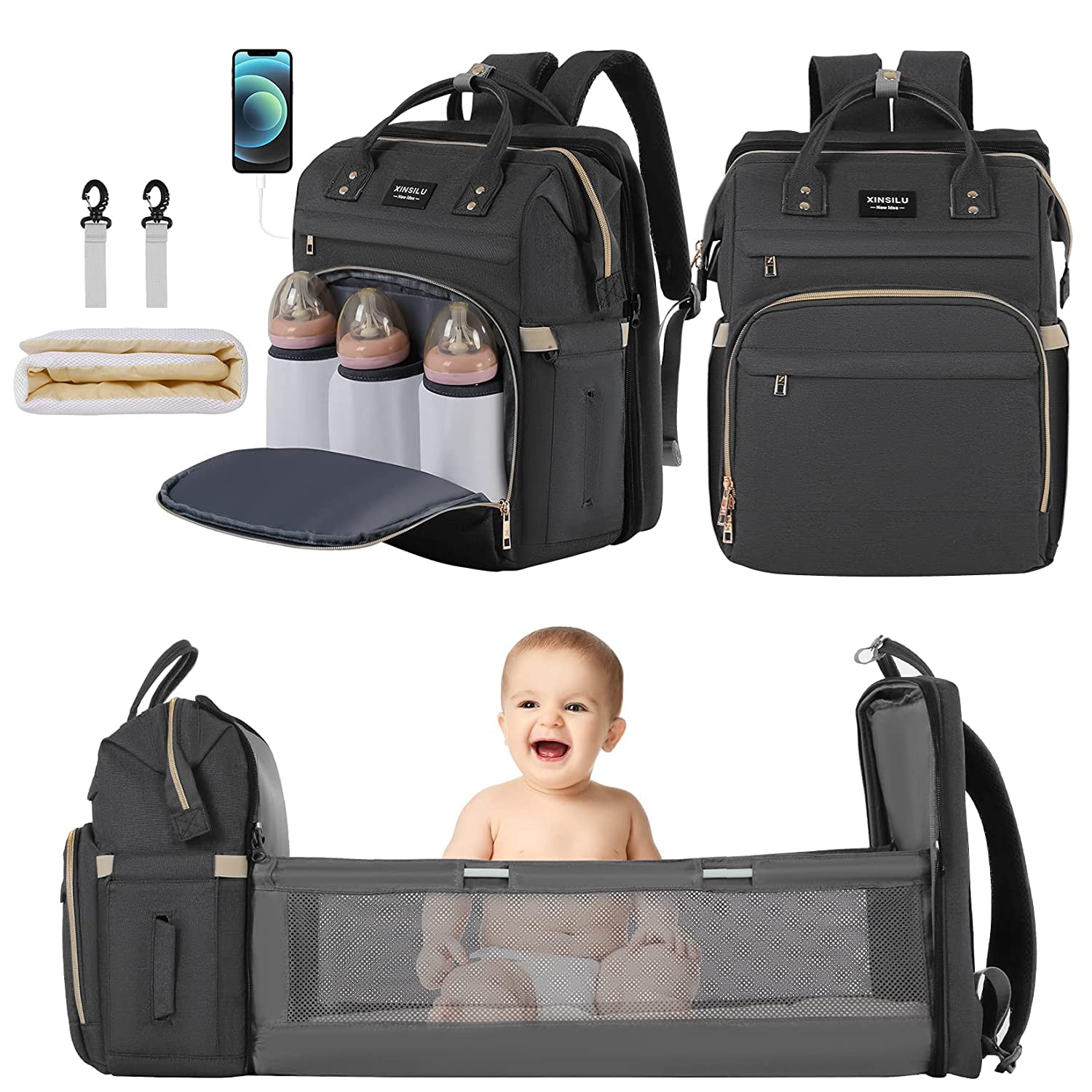 XINSILU Diaper Bag Backpack with Changing Station Portable FoldableMommy Bag Diaper Bag for Baby Girls Boys Light Gray Newborn Registry BabyShower Gifts Essentials Items Baby Stuff 