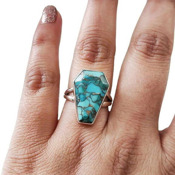 Coffin Blue Copper Turquoise Ring, Natural Turquoise Ring, December Birthstone, Womens Ring, Coffin Ring, 925 Sterling Silver, Christmas, Handmade, Statement Jewelry, Coffin Shape Gemstone Ring