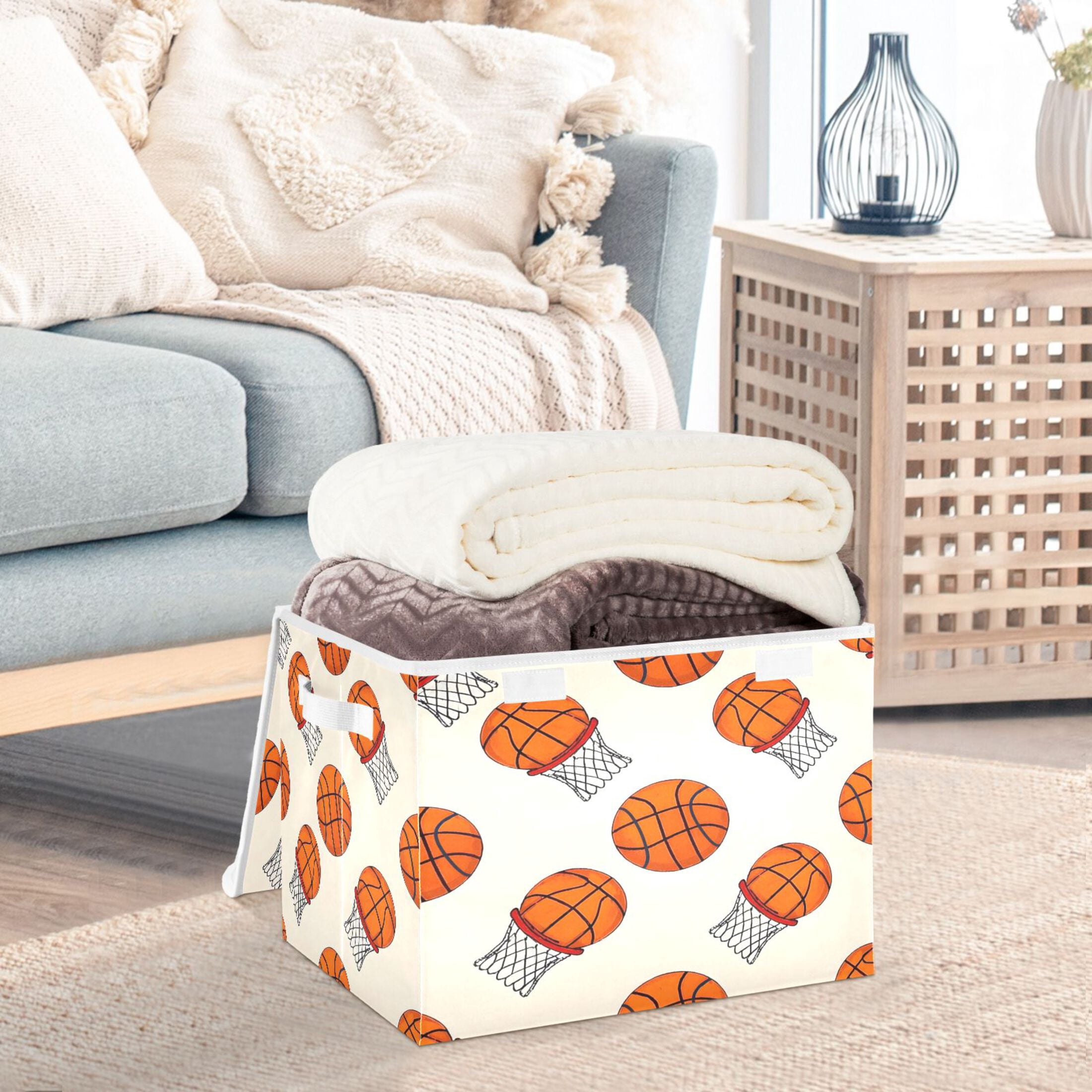 Ryvnso Basketball Large Lidded Foldable Storage Baskets Cubes Boxes Lids Bin for Home