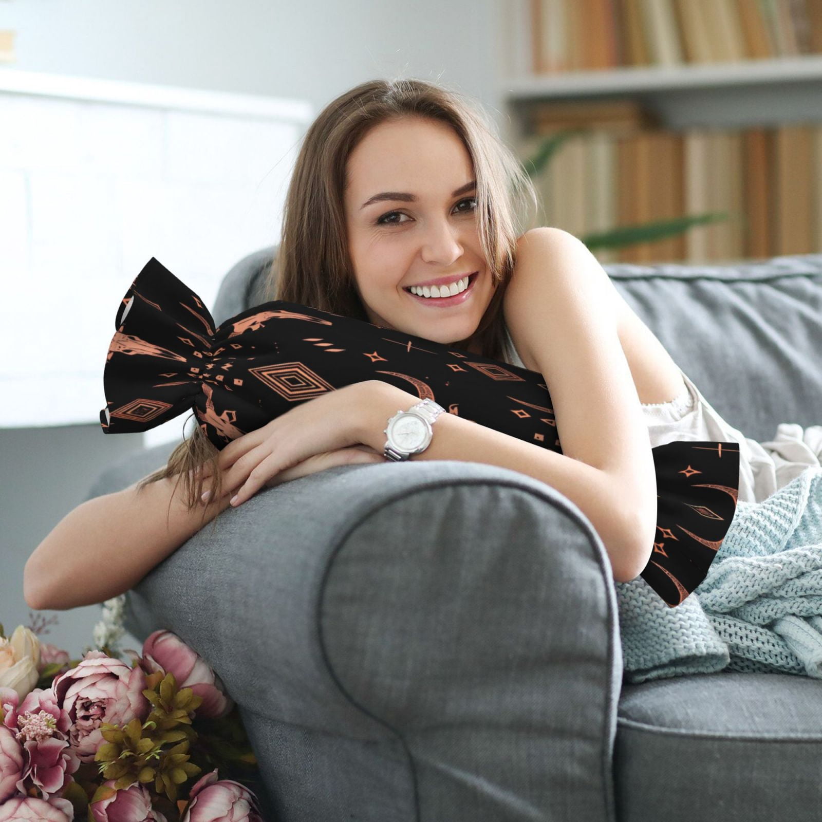 Candy Throw Pillow Travel Cervical Pillow Cylindrical Neck Body Cushion With Insert For Bed Couch Home Decor 9.8x24.4in Art African Tribal Motifs Water Buffalo Skulls