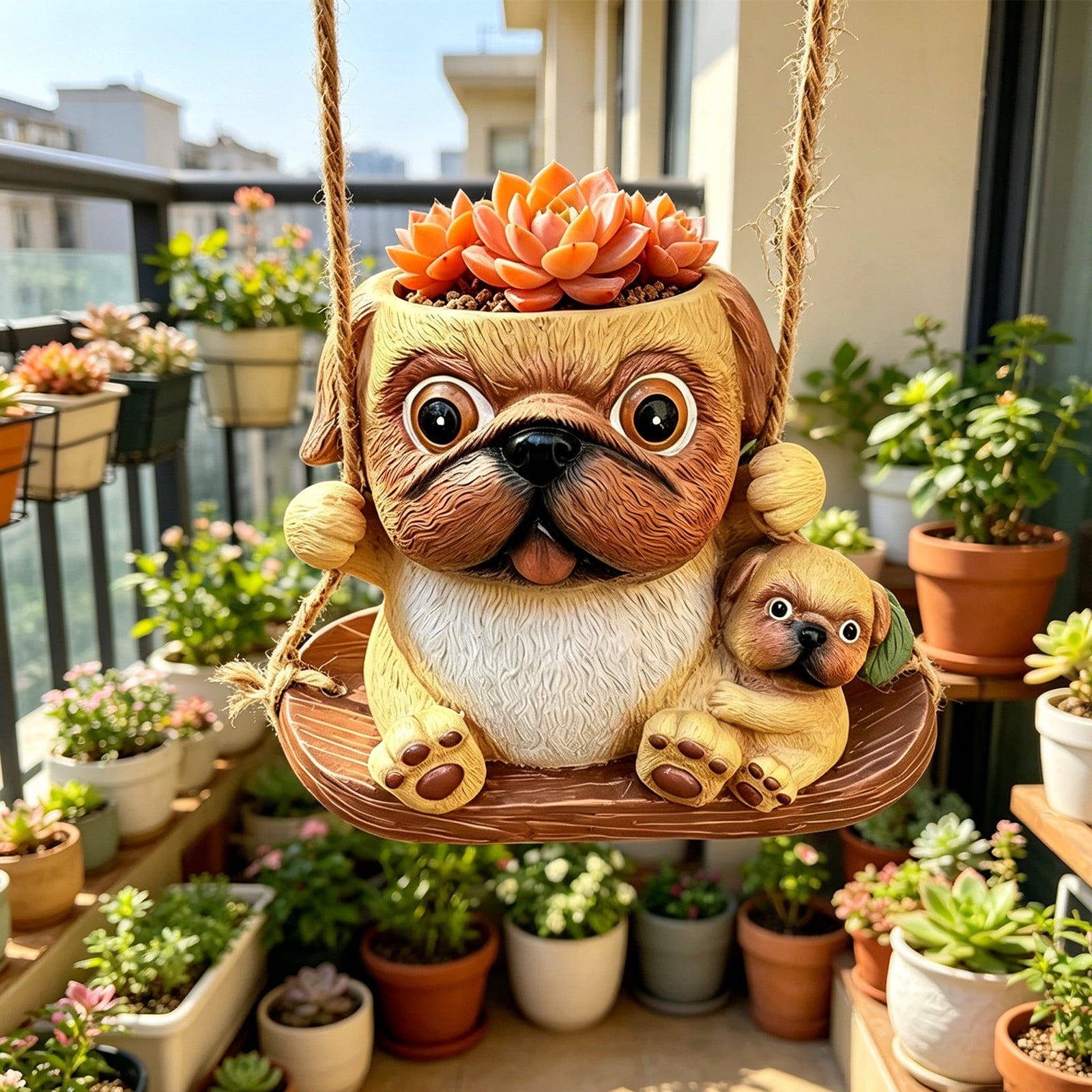 Cute Resin Pug & Baby Dog Hanging Planter – Succulent Pot for Indoor/Outdoor, Balcony Garden Decor, Jute Rope Included, Gift for Dog Lovers