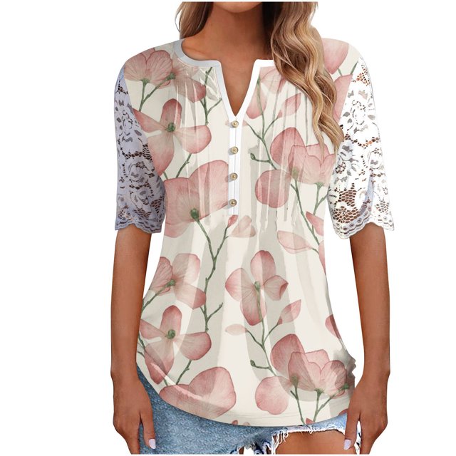 Blusa informal de manga corta con cuello en V y malla de encaje con estampado floral para mujer OAVQHLG3B Store lin121212