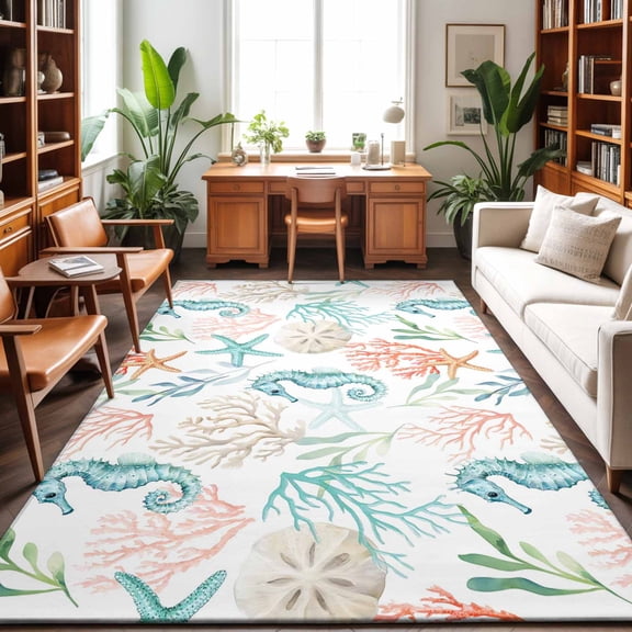 Area Rugs 2.7'x5', Teal Red Seahorse Coastal Carpet Runner Indoor Outdoor Rugs Home Decor Aesthetic, Nautical Beach Coral Starfish Non Slip Mats Washable Accent Rug for Living Room Bedroom