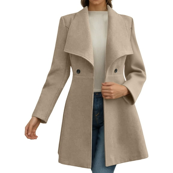 Women’s Plus Size Long Wool Blend Coat Winter Fall Fashion Notch Lapel Belted Trench Jacket Fully Lined Warm Outerwear Casual Wear