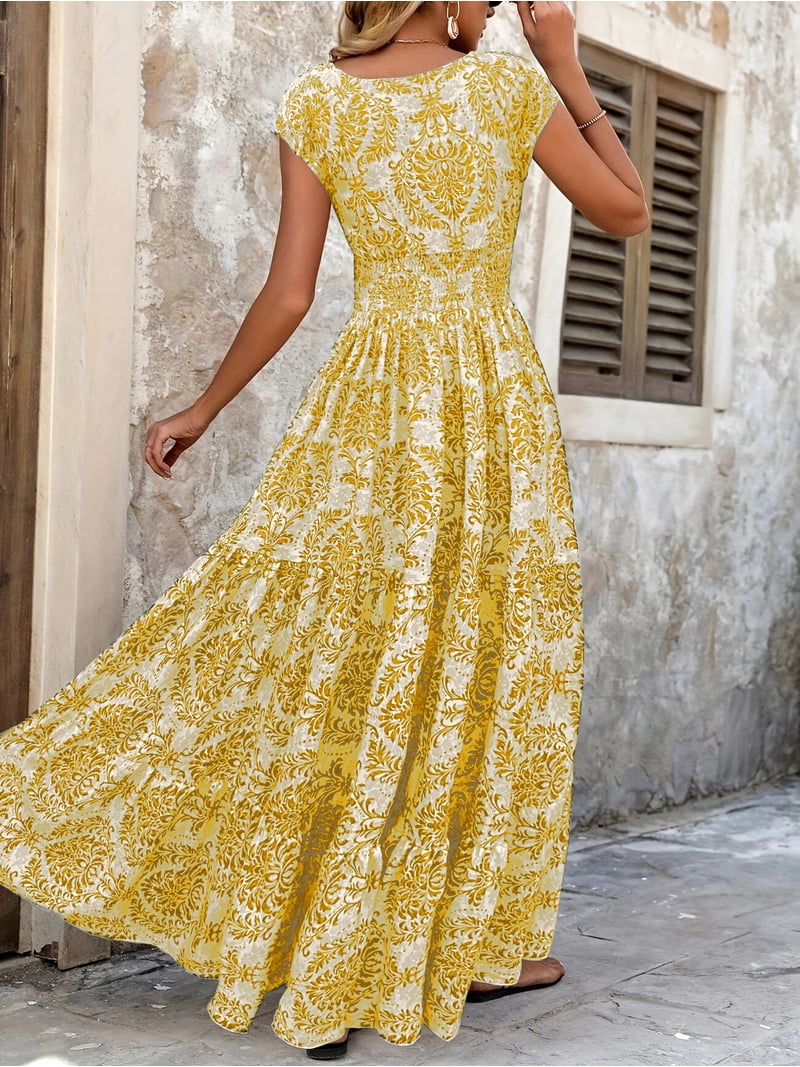 Zoelnic Women's Floral Maxi Dress V-Neck Short Sleeve Smocked Waist Dress, High Waist Summer Fall Boho Chic Long Dress, M