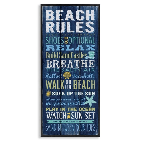 Stupell Industries Industrial Blue Planked Beach Rules Sign Black Framed Giclee Art, 10 x 24, by Stephanie Workman Marrott