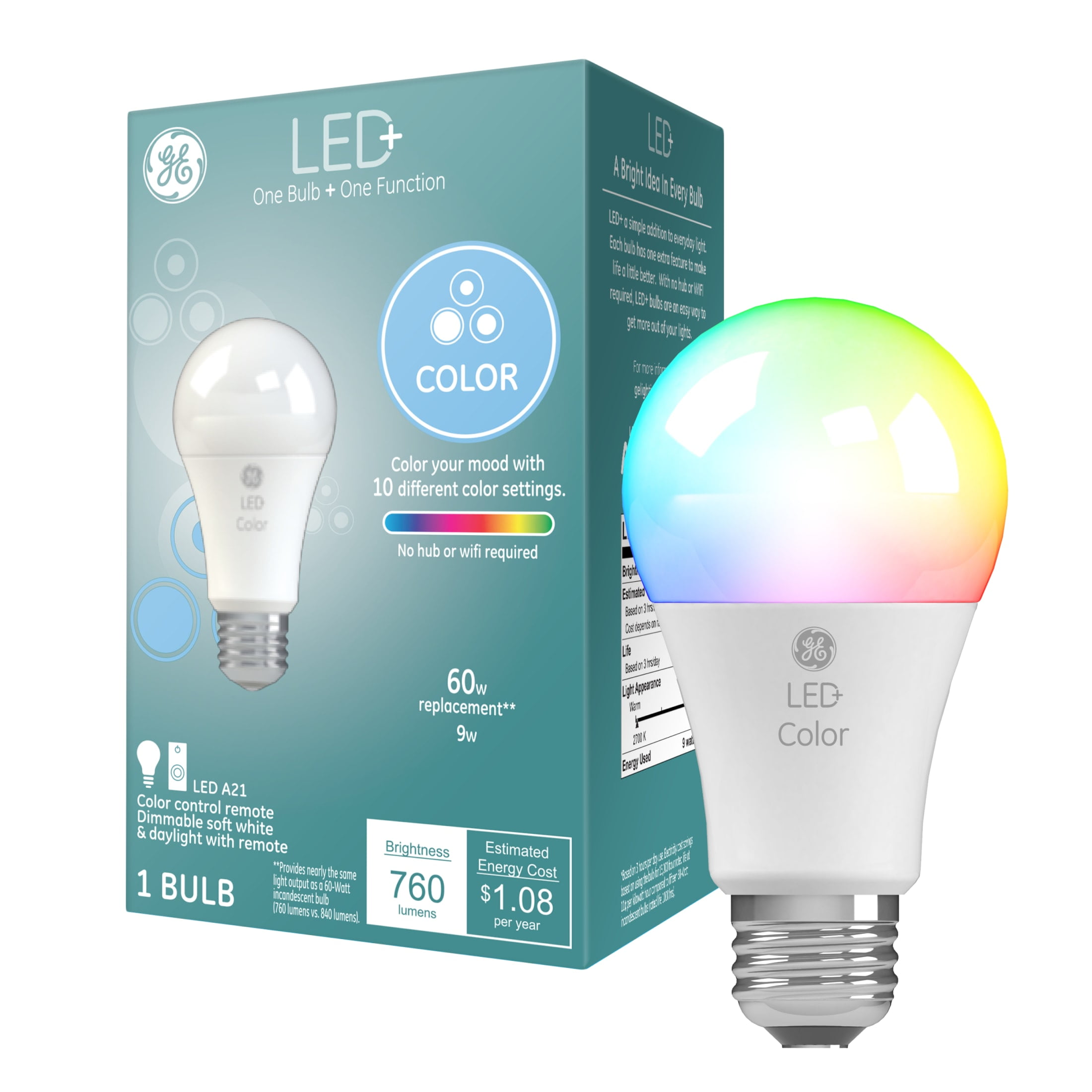 (2 pack) GE LED+ Color Changing LED Light Bulb, 9.5 Watt, A19 Bulb, Medium Base