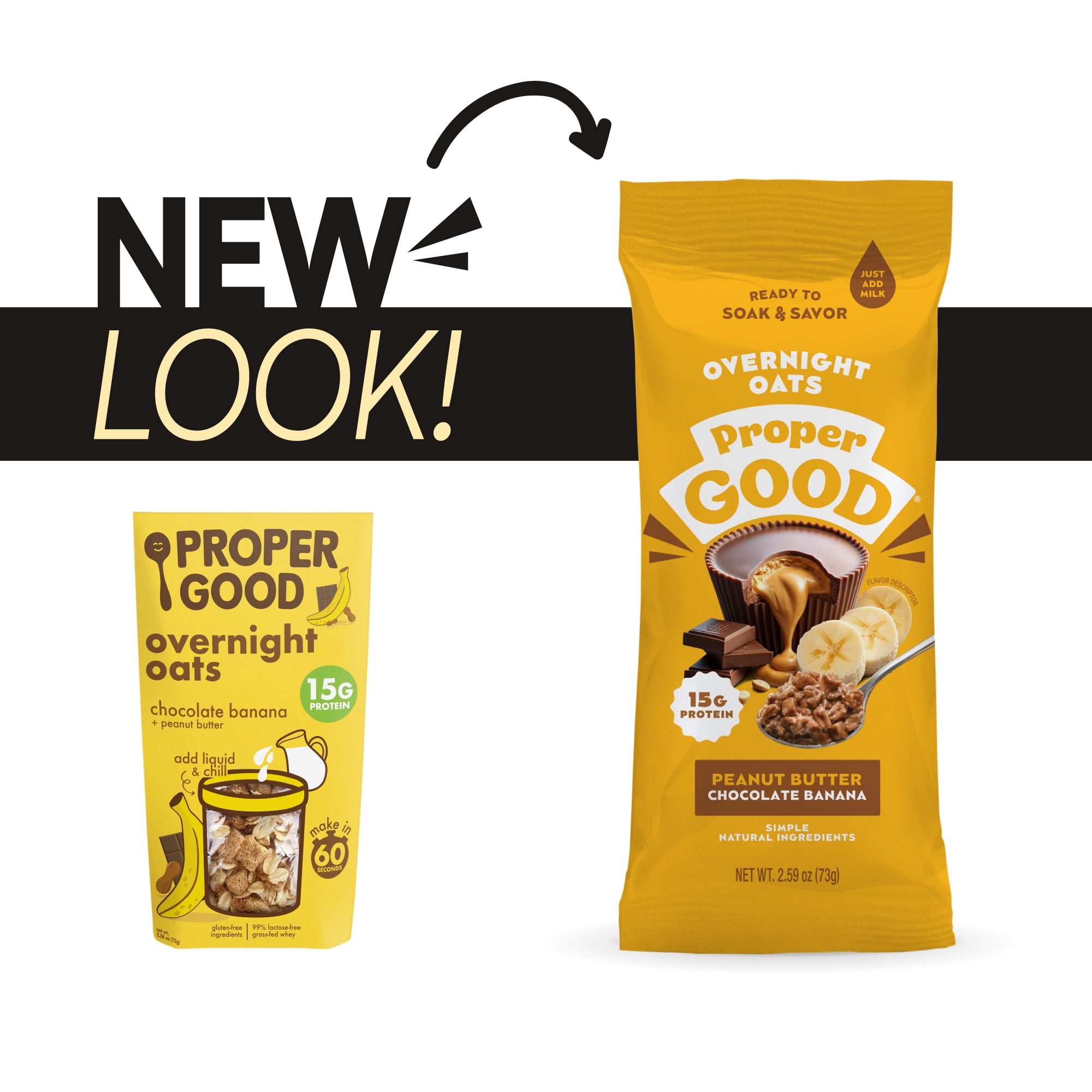 (2 pack) Proper Good Chocolate Banana Peanut Butter Overnight Oats, 15g Protein, Shelf-Stable 2.59 oz packet