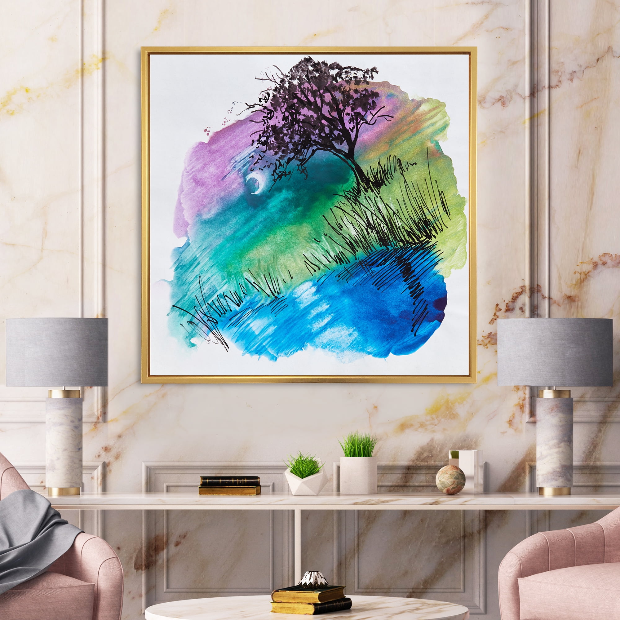 Designart 'Rainbow Silhouette Of Tree On The Riverbank At Night' Modern Framed Canvas Wall Art Print