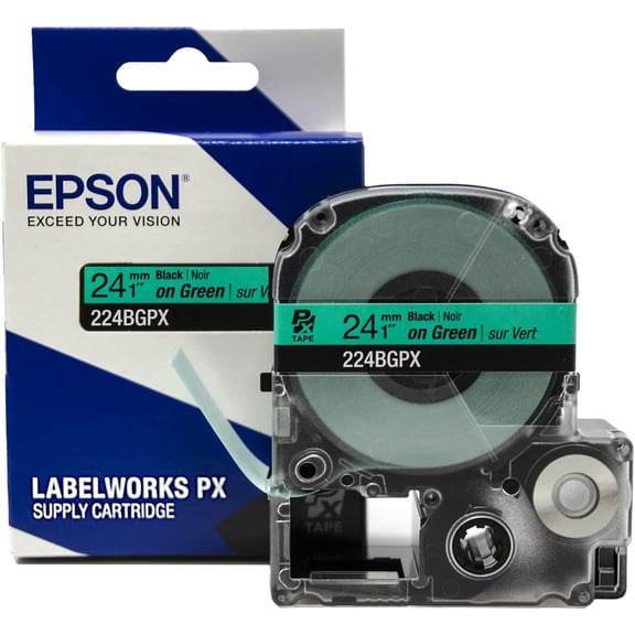 Epson LABELWORKS 224BGPX - Black on Green PET Label Maker Tape - 1" (24MM) Wide, 30'