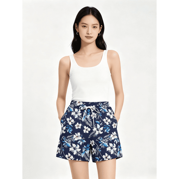 Zynoxe Women's Hawaii Print Shorts with Pockets Lightweight Breathable Mid-Thigh Shorts for Women Stretchy Elastic Waistband Drawstring Shorts Summer Versatile Casual Solid Color Beach Shorts S