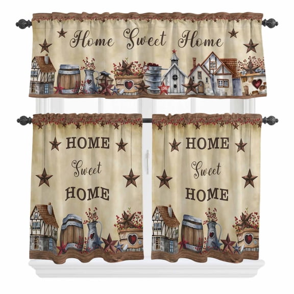 3 Piece Kitchen Curtains and Valances Set Farm Cafe Curtains 24 Inch Length American Country Barn Star Vintage Berry Brown Valance & Tier Curtain for Living Room Bedroom Window 54"x18" 27"x24"*2