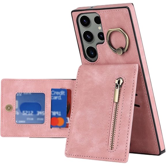 Stylish Creative Finger Ring Leather Phone Case for Samsung Galaxy S21 S20 Ultra Plus FE Lite Classic Wallet Design Card Slots Function Shockproof Protector Shell(Pink,S21 FE)