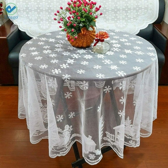 Deago Christmas Tablecloth Round 70" Holidays White Table Cloth Lace Snowflake Elk Prints Xmas Table Fabric Cover