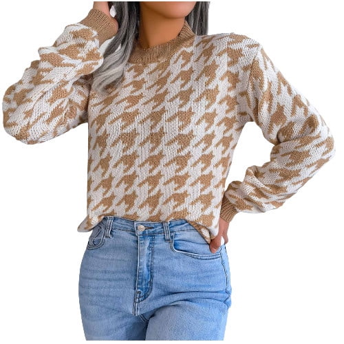 Women Plus Size Casual Back Houndstooth Print Long-sleeve Crop Tee