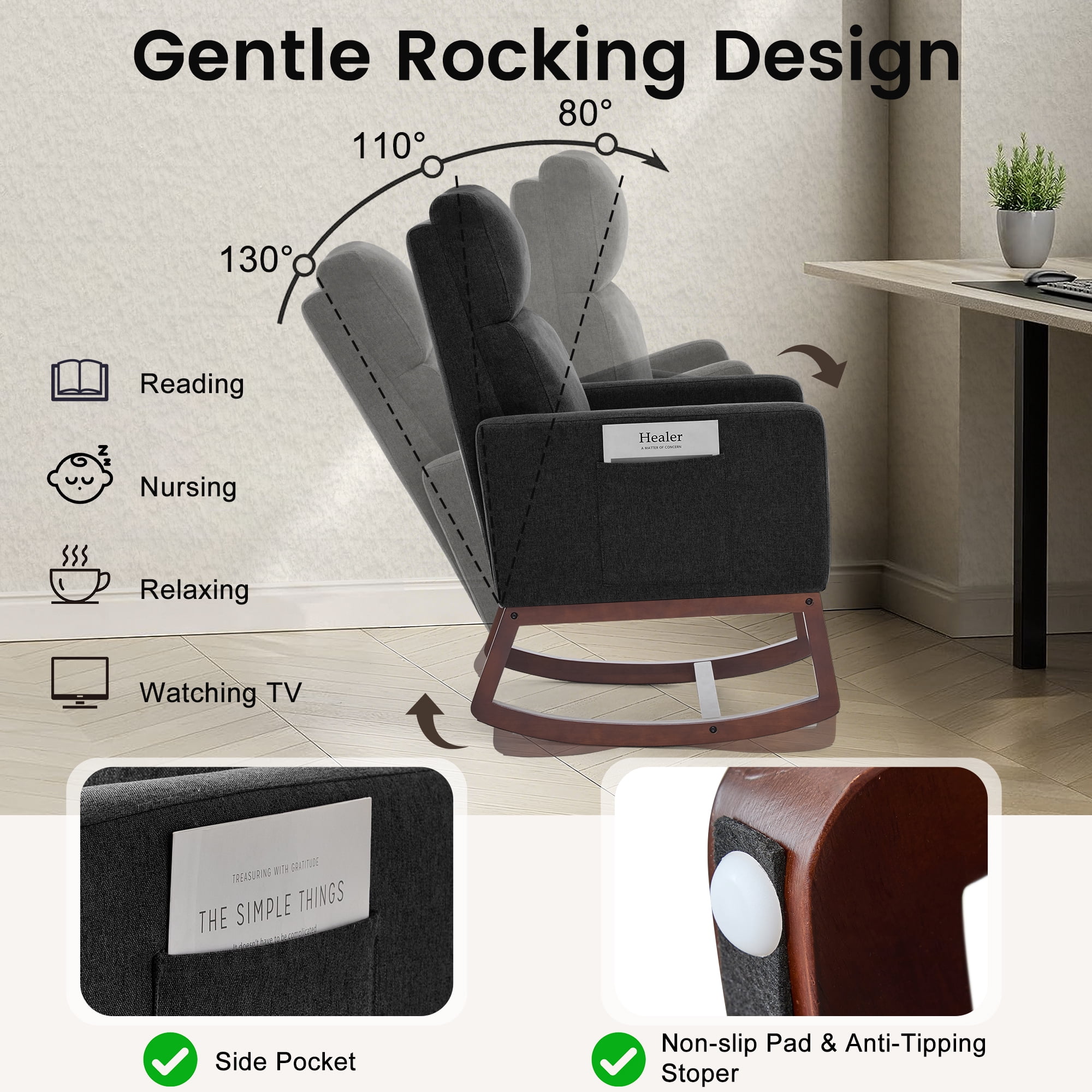 SAETSFEG Rocking Chair Nursery, Comfortable Upholstered Glider Rocker Chairs Indoor for Adults, Mid-Century Modern Nursing Accent Rockers for Living Room, Bedroom, Black