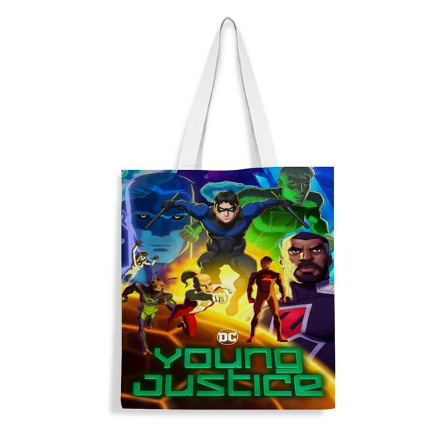 Young Justice Bolso de tela con estampado de lienzo para mujer, bolsa de compras reutilizable y estética, con cremallera interior, regalo para mujer, 35 × 40 cm.