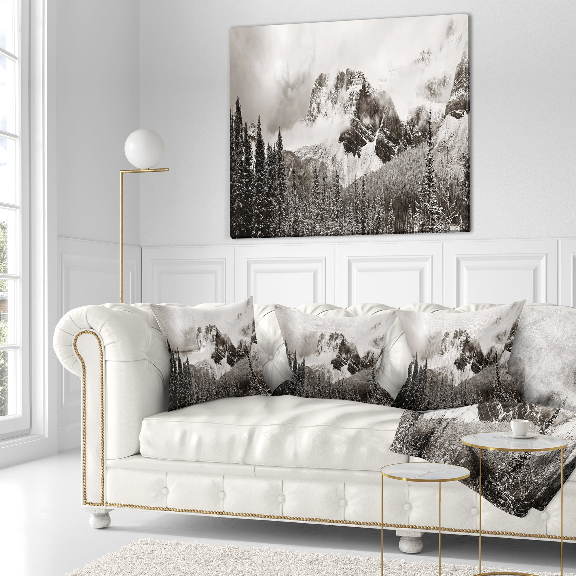 Designart Snow Capped Hills and Bow Lake - Landscape Printed Throw Pillow - 16x16