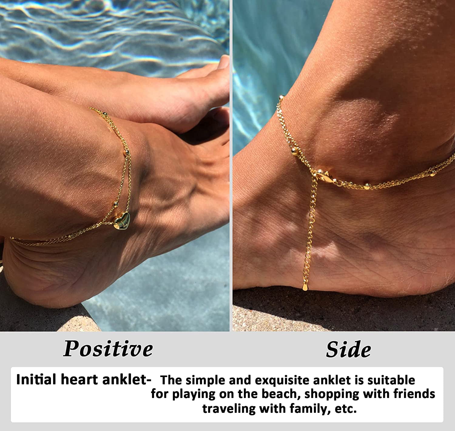 Initial Heart Anklet Bracelet Layered Heart Letter A To Z Bead Chain Anklet for Women 14K Real Gold Plated Beach Jewelry 