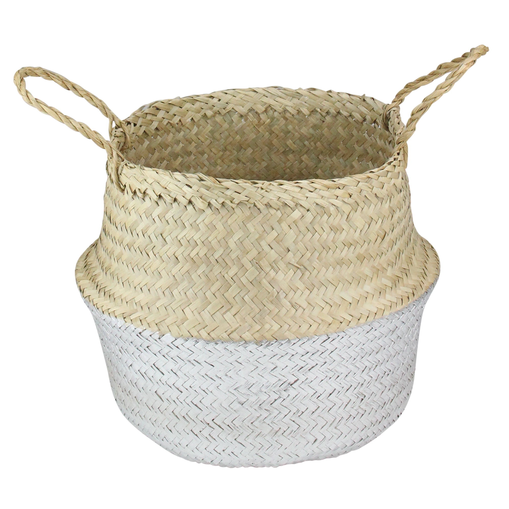 13" Beige and Silver Seagrass Belly Wicker Basket with Handles