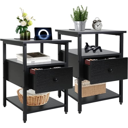 Nightstand with 1 Drawer End Table with Open Wood Shelf Bedside Furniture with Charging Station Set of 2 End Table with 2 USB Ports and Power Outlets  Bedside Table for Living Room Bedroom Dorm  Black