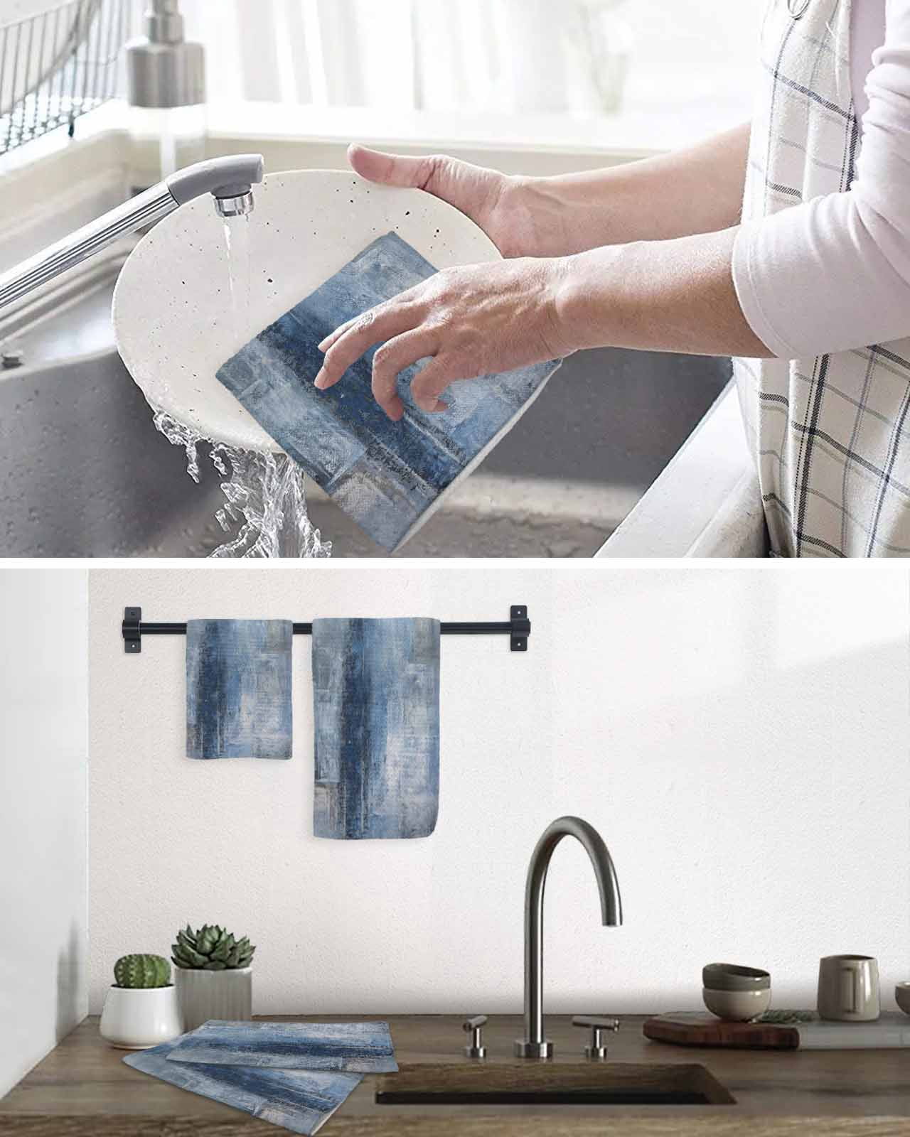 Blue Dish Towels Set, Waffle Weave Kitchen Towels 3 Pieces, Retro Oil Painting Modern Abstract Art Aesthetics Microfiber Hair Face Bath Tea Towel Absorbent Quick Drying Cleaning Dish Cloths 12"x12"