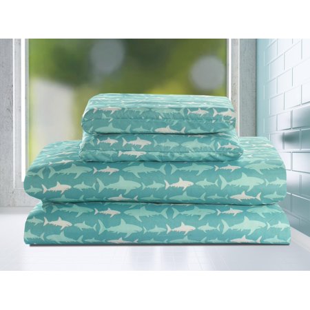 - Full 4 Piece Sheet Set Shark Bedding Kids Teal Blue White