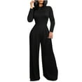thumbnail image 2 of BLTIBY Women's Jumpsuits Spring Summer Solid Color Waisted Wide Leg Pants Long Sleeve Crew Neck Casual Loose Rompers Lightweight Comfortable Fashion Elegant Trousers Clearance Black 1 S, 2 of 6