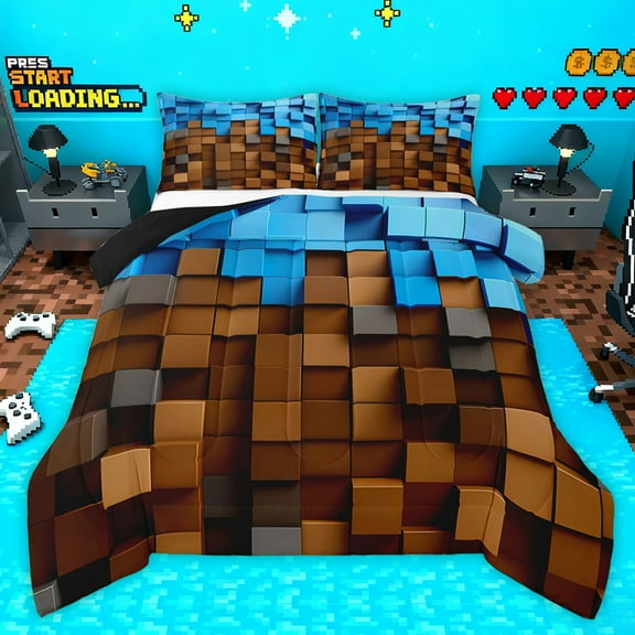 Homewish Futuristic Cubes 2pcs Bedding Comforter Set For Children Teens Adults,Geometric Plaid Grid Twin Comforter Sets,Abstract Vintage Aesthetic Breathable Bedding Set