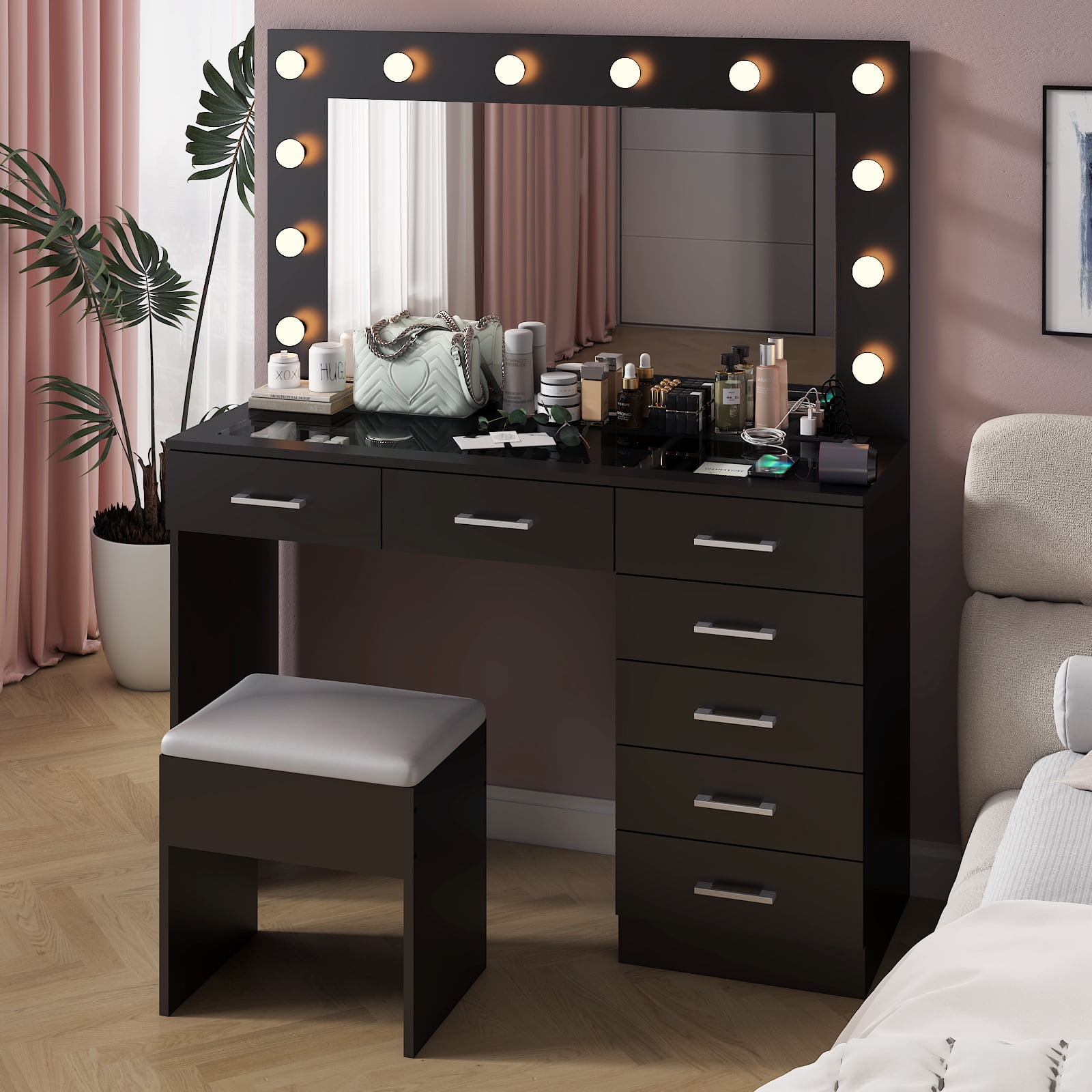 Ktaxon Large Makeup Vanity, Get Ready with Me GRWM Vanity Table Set w/ Visible Glass Top w/ Charging Station, White