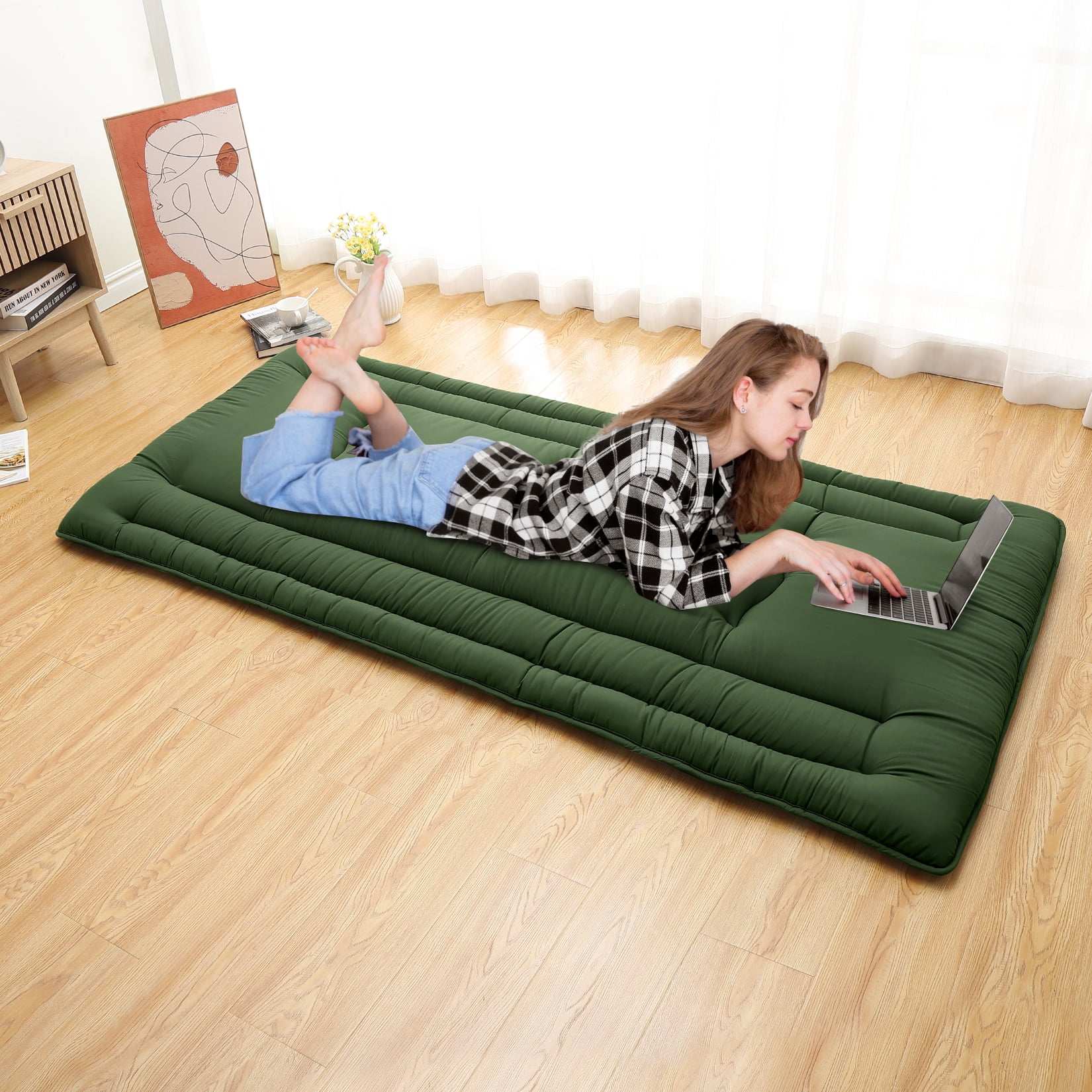 Twin Size Foldable Floor Mattress, Japanese-Style Roll-Up Foam Sleeping Mat, Space-Saving Tatami Floor Bed for Living Room or Bedroom, Army Green