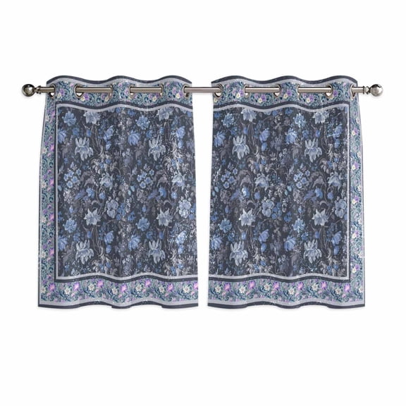 Navy Blue Floral Boho Kitchen Curtains Short 54 Inch Length, Ethnic Tribe Abstract Art Flower Grommet Top Bedroom Living Room Curtains, Light Filtering Cafe Curtain Drapes 2 Panels Set 84''x54''