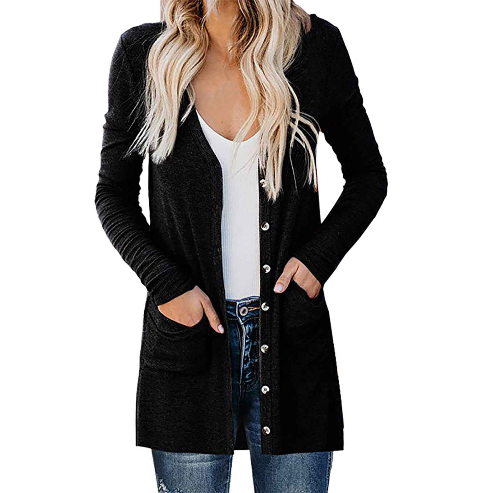 Button Pockets Solid Jacket Womens Ladies Cardigan Coat Winter Parka Outerwear 