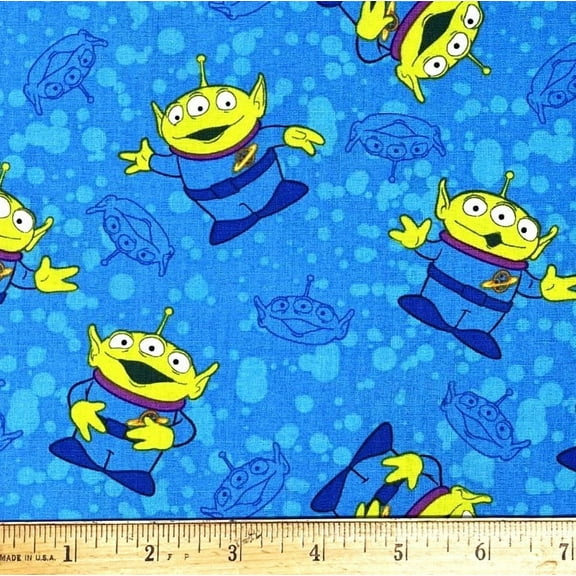 1 Fat Quarter - Disney Toy Story Aliens on Blue Cotton Fabric - 21" X 18"