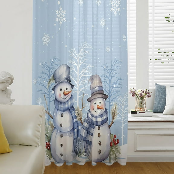 Winter Blue Snowman Christmas Semi Sheer Curtains Drapes for Living Room, Bedroom, French Doors Window 54 Inches Long, Snowflake Xmas Tree Rod Pocket Chiffon Curtain Drapery Voile Draperies Panel