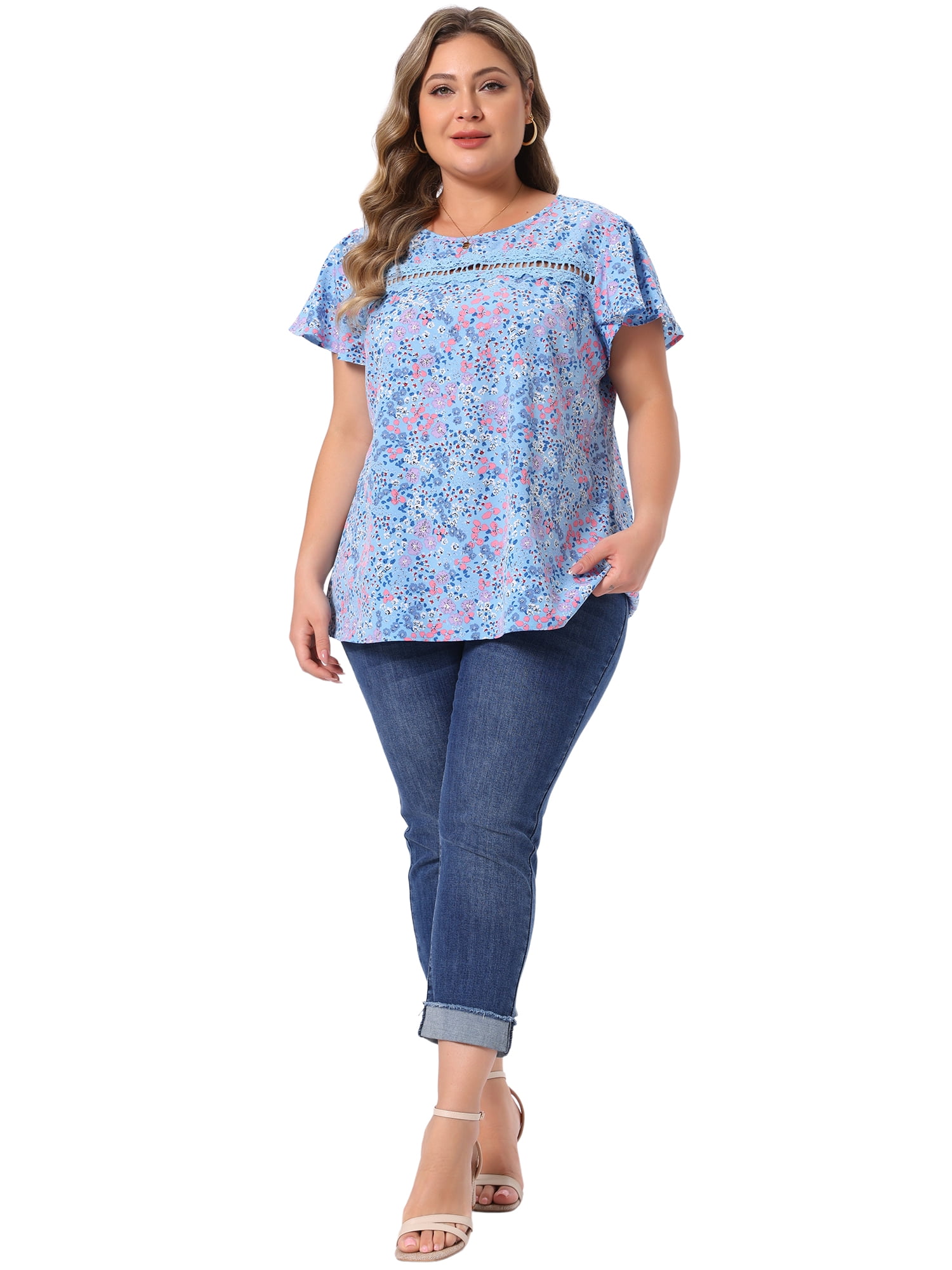 DARING DIVA Women's Plus Floral  Crew Neck Blouse Summer Crew Neck Shirt 3X Blue