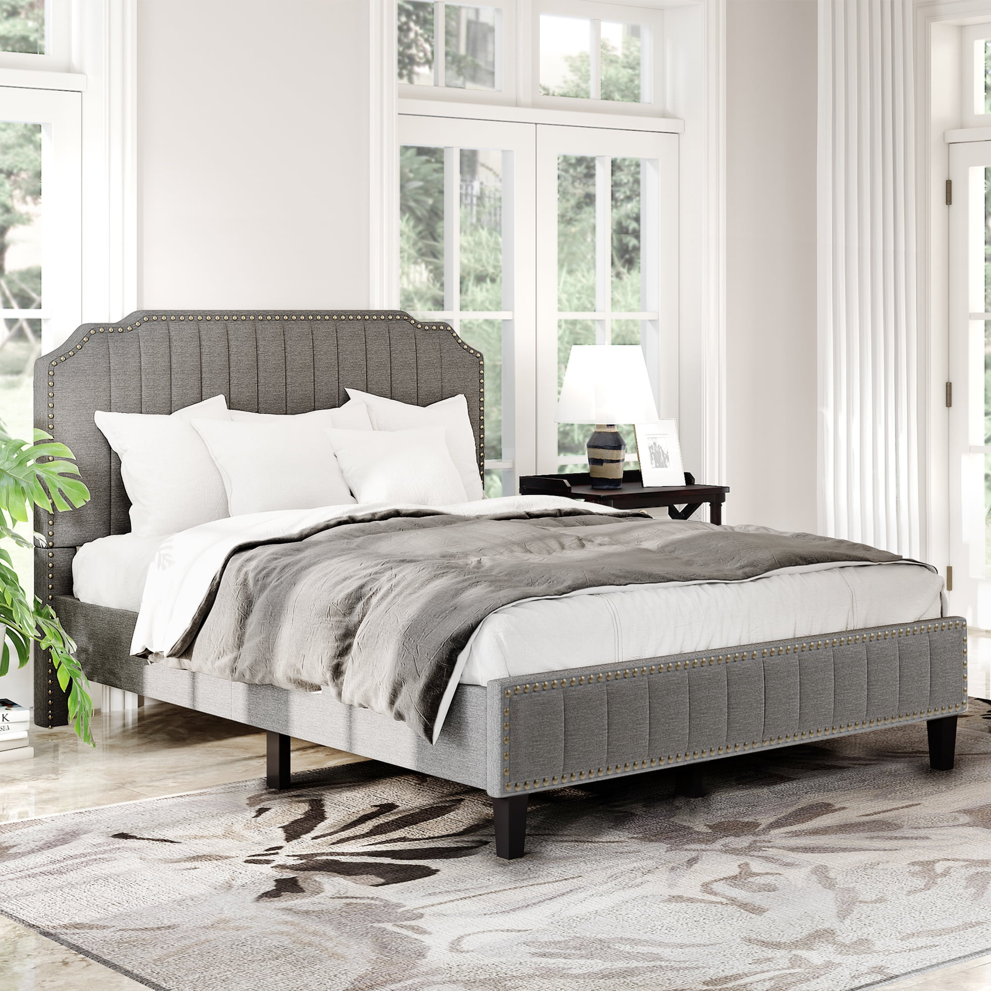 Queen Size Modern Linen Curved Upholstered Platform Bed, Solid Wood Frame,  Nailhead Trim (Cream/ Gray)