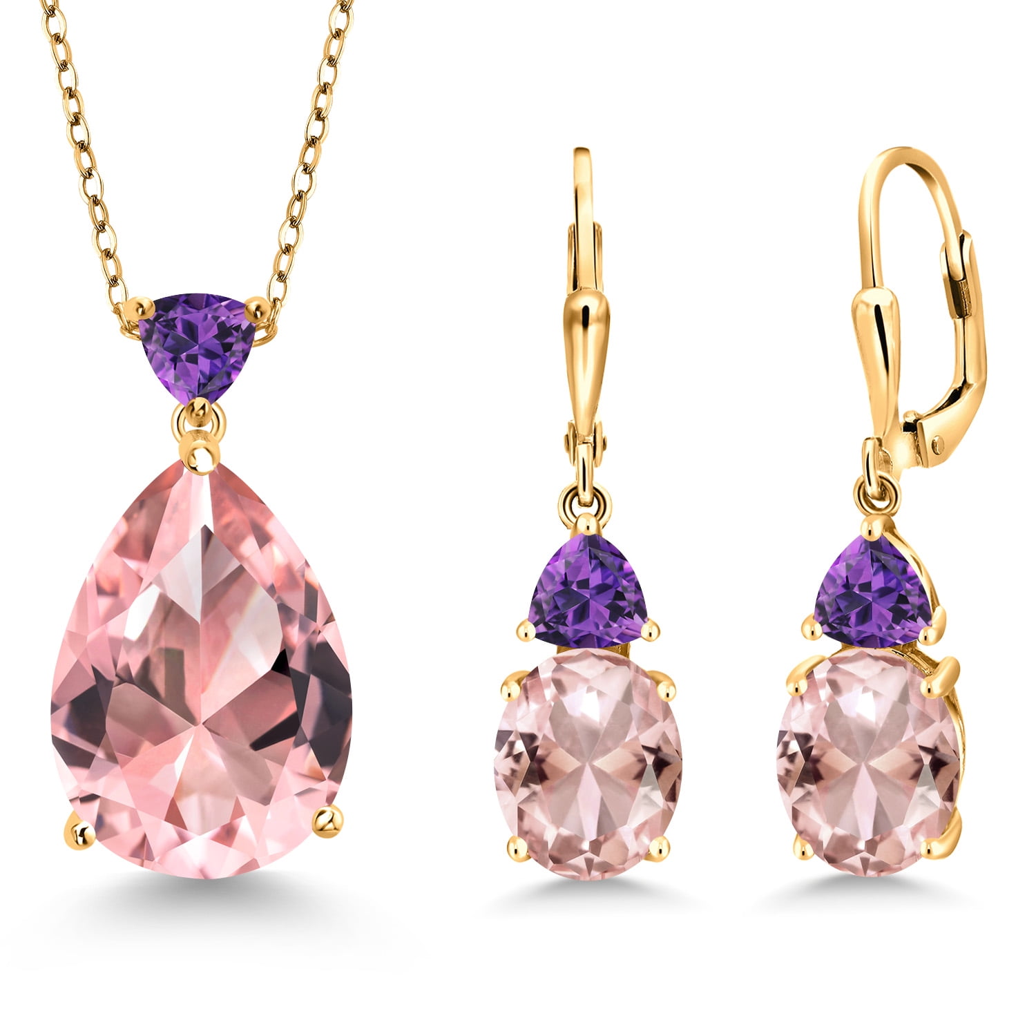Gem Stone King 18K Yellow Gold Plated Silver Peach Nano Morganite and Purple Amethyst Pendant Earrings Jewelry Set for Women (16.19 Cttw, Pear Shape 18X13MM, with 18 inch Chain)