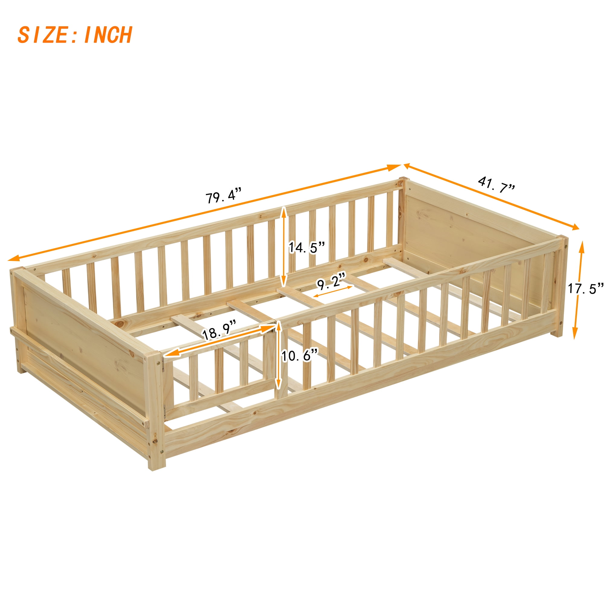 Miniyam Floor Bed, Twin Size Platform Bed Frame with Built-in Book Storage Rack, Door, Natural