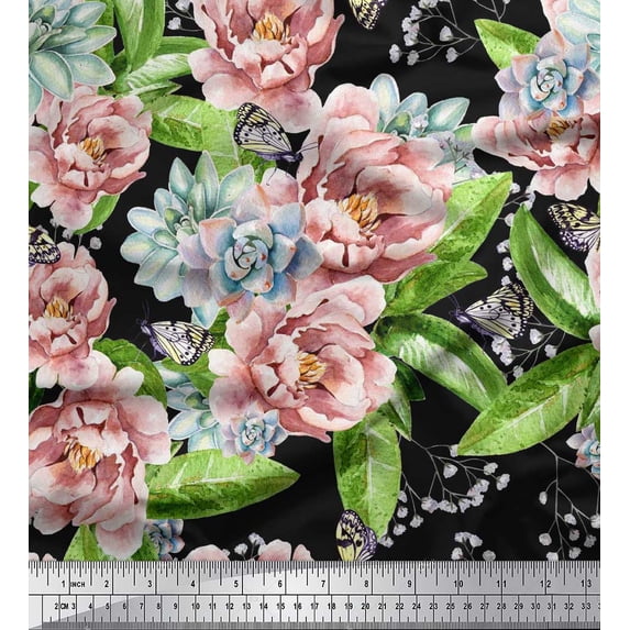 Soimoi Green Georgette Viscose Fabric Leaves & Floral Print Sewing Fabric BTY 42 Inch Wide