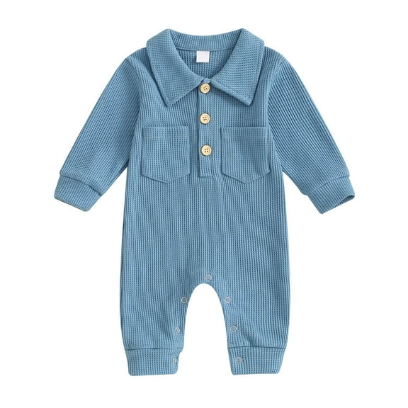 Busydd Toddler Romper Unisex Baby Girl Boy Newborn Clothes Solid Color Lapel Ribbed Baby Jumpsuit Long Sleeve Button Baby Boy Rompers 0-18 Months