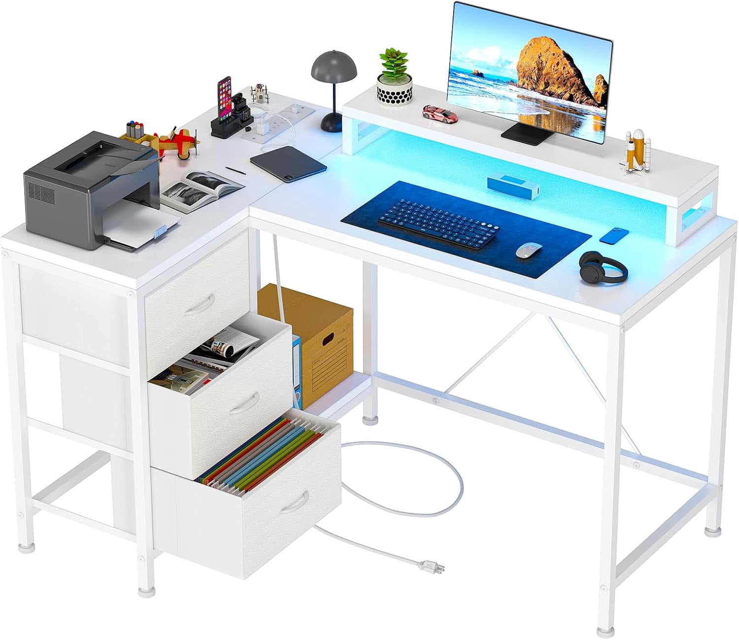 43" L-Shaped Computer Desk with 4 Power Outlets and 7-Color Led Lights, 3-Drawer Gaming Desk