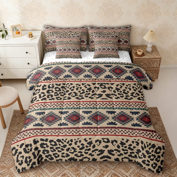 Erosebridal Hippie Aztec Twin Bedding Sets, Brown Black Leopard Print Bedding Comforter Set, Reversible 7pcs