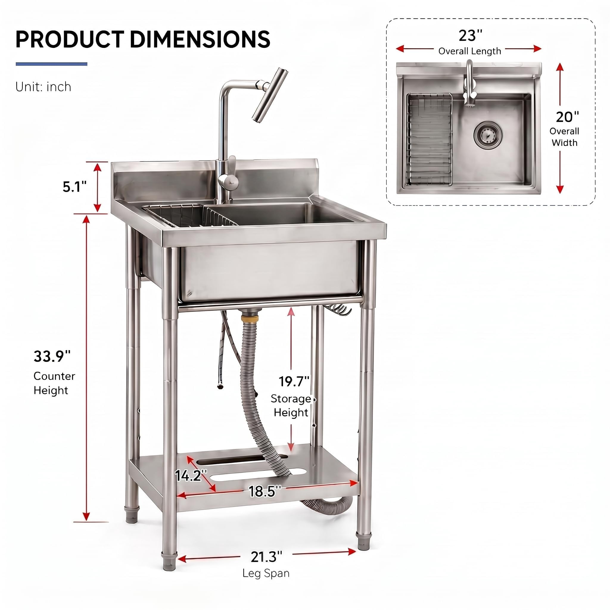 Kicctian Stainless Steel Utility Sink, 24'' × 21'' × 36'' Freestanding Stainless Steel Single Bowl Laundry Sink with T Shape Faucet for Kitchen, Bathroom, Garage or Basement